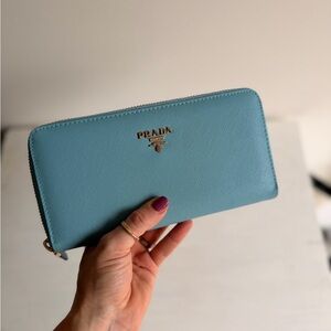 ❤️SOLD❤️ Prada Zip-Around Saffiano Wallet in Turquoise with Gold Logo